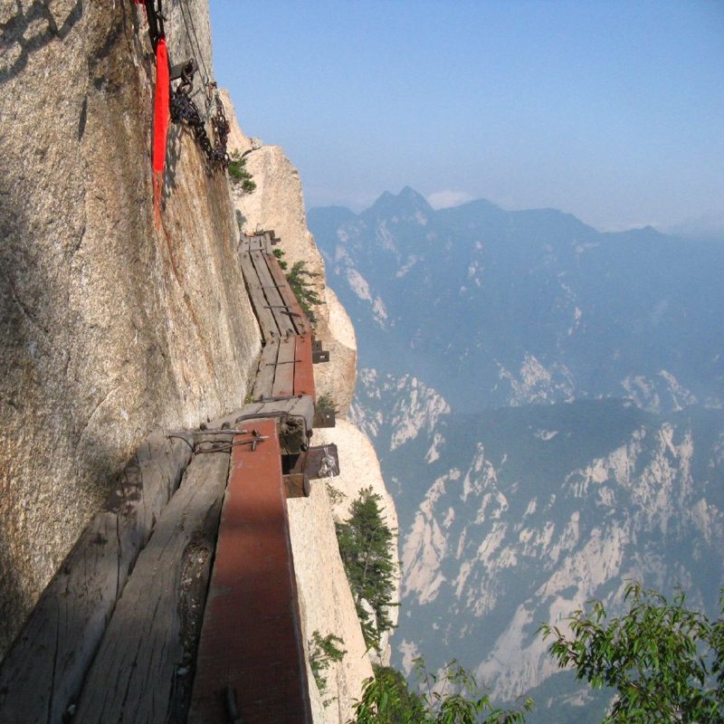 Mt Huashan China, Steep steps to the mountain top. Carved t…